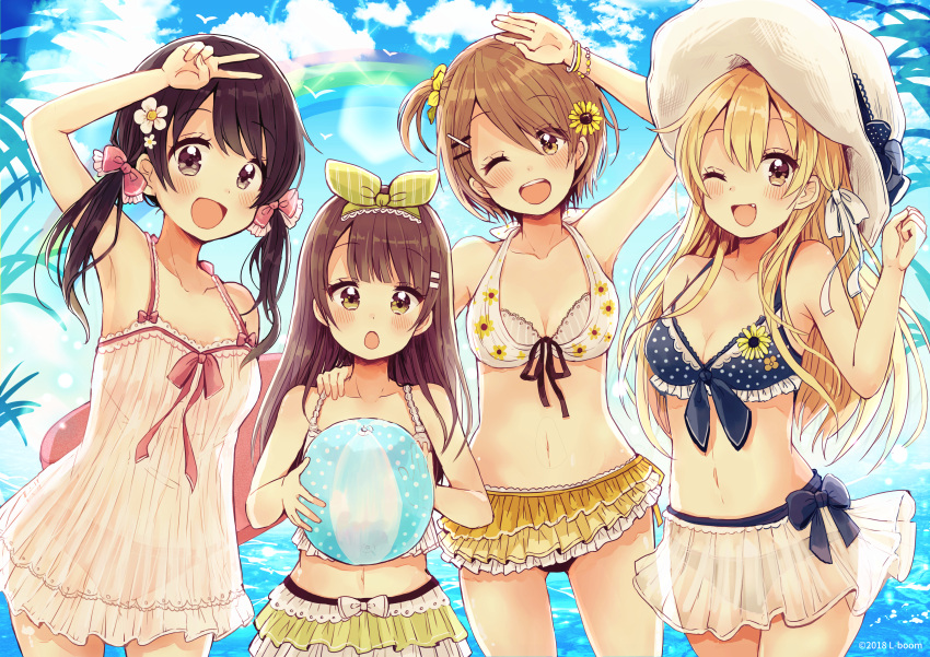 2018 4girls :d :o ;d absurdres arm_up ball bangs bare_arms bare_shoulders beachball bikini bikini_skirt blonde_hair blue_bikini blue_sky blush bow breasts brown_eyes brown_hair cleavage clouds collarbone commentary_request day dress eyebrows_visible_through_hair fang flower green_ribbon hair_between_eyes hair_bow hair_flower hair_ornament hair_ribbon hand_on_another's_shoulder hand_up hat highres holding holding_ball huge_filesize light_brown_hair long_hair looking_at_viewer low_twintails medium_breasts multiple_girls ocean one_eye_closed one_side_up open_mouth original outdoors pink_bow rainbow ribbon sakura_oriko see-through short_hair sky sleeveless sleeveless_dress smile sun_hat swimsuit twintails v very_long_hair water white_bikini white_dress white_flower white_hat yellow_flower