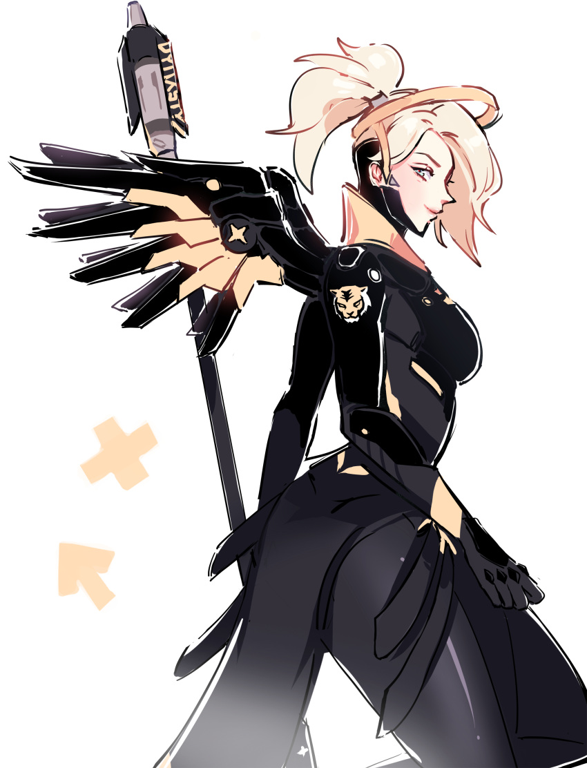 1girl absurdres alternate_costume blonde_hair blue_eyes dynasty_mercy gloves hair_over_one_eye highres long_hair mechanical_wings mercy_(overwatch) overwatch ponytail simple_background solo staff thigh-highs white_background wings