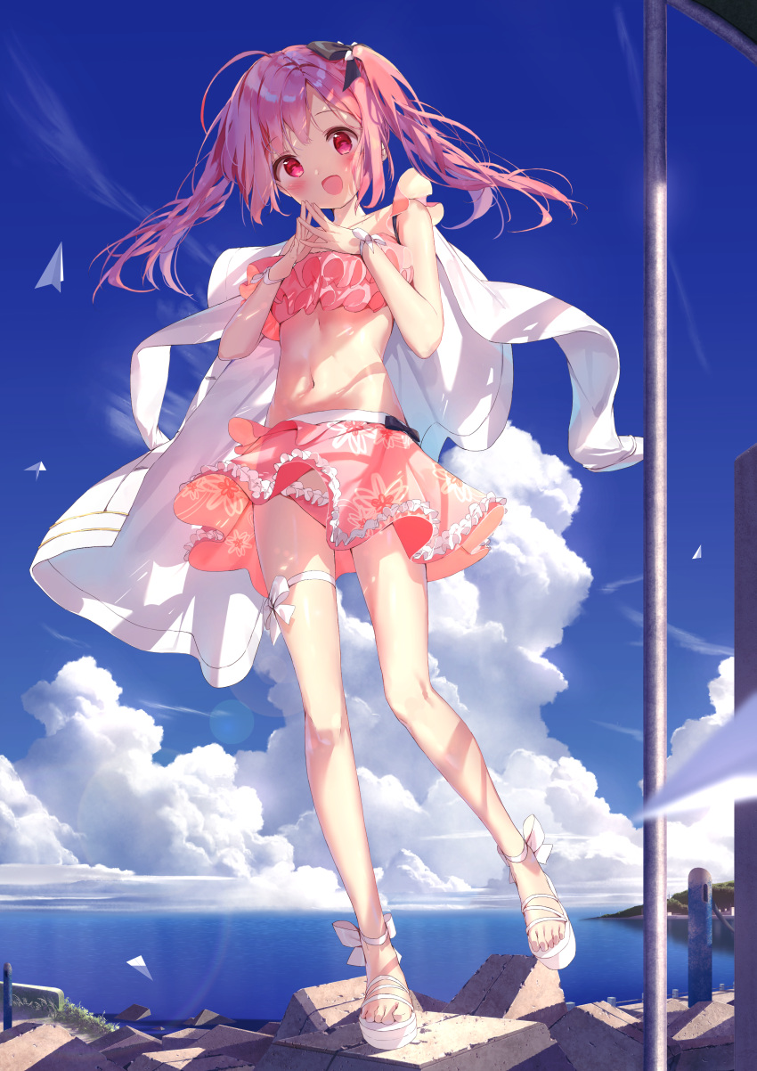 1girl :d absurdres ahoge ankle_bow ankle_ribbon azur_lane bangs bare_shoulders bikini black_bow blue_sky blush bow clouds commentary_request daitai_sotogawa_(futomomo) day eyebrows_visible_through_hair feet hair_between_eyes hair_bow hands_up head_tilt highres horizon jacket long_hair looking_at_viewer navel ocean open_mouth outdoors paper_airplane pink_bikini pink_hair pole red_eyes ribbon sandals saratoga_(kantai_collection) sky smile solo standing standing_on_one_leg steepled_fingers swimsuit thigh_bow toenails twintails water white_bow white_footwear white_jacket wrist_bow