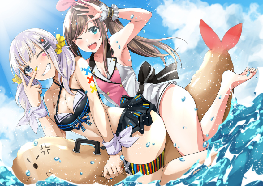 2girls a.i._channel beach bikini blue_sky breasts cleavage kaguya_luna kaguya_luna_(character) kizuna_ai looking_at_viewer multiple_girls ocean sakuma_shiiya sky smile swimsuit virtual_youtuber water