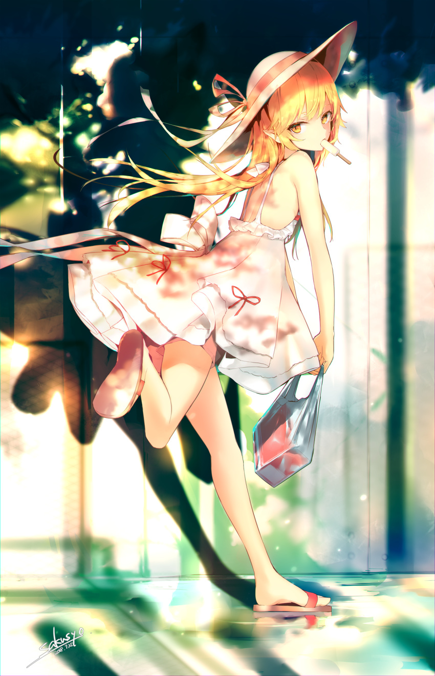 1girl bag bakemonogatari bangs bare_arms bare_shoulders blonde_hair brown_footwear commentary_request dated day dress food food_in_mouth hair_between_eyes hat head_tilt highres holding holding_bag long_hair looking_at_viewer looking_to_the_side monogatari_(series) mouth_hold orange_eyes oshino_shinobu outdoors plastic_bag pointy_ears popsicle sakusyo sandals shoe_soles shopping_bag signature sleeveless sleeveless_dress solo standing standing_on_one_leg summer sun_hat sundress very_long_hair white_dress white_hat