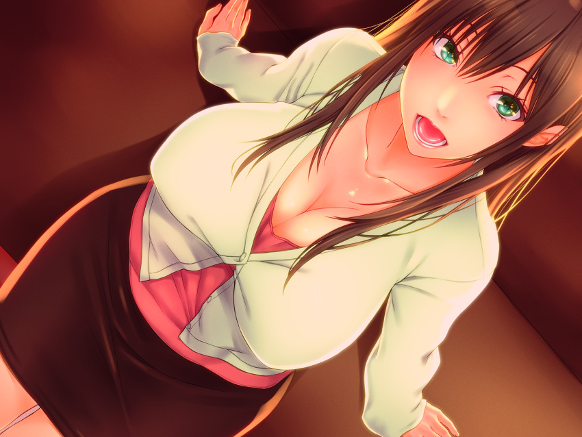 1girl :d arms_at_sides bangs breasts brown_hair brown_skirt cleavage collarbone couch eyelashes fingernails green_eyes highres indoors large_breasts long_hair long_sleeves looking_at_viewer open_mouth shirt skirt smile solo suishoku_sendan teeth tongue