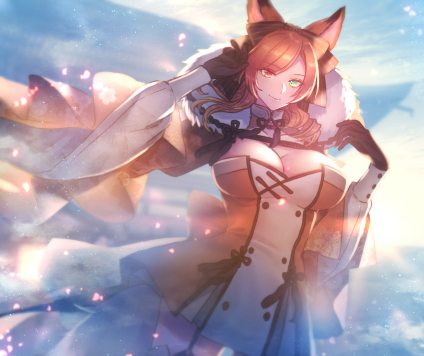 1girl animal_ears bangs black_gloves blue_sky bow breasts brown_hair character_check cleavage day dog_ears dress eyebrows_visible_through_hair floral_print gloves hair_bow hands_up heterochromia highres large_breasts lycanroc moe_(hamhamham) orange_dress outdoors parted_bangs personification pokemon sky solo standing