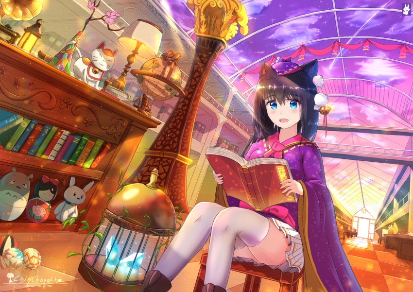 1girl animal_ears black_hair blue_eyes blush book bookshelf cage cat_ears chinchongcha eyebrows_visible_through_hair globe hat highres indoors japanese_clothes kimono long_hair looking_at_viewer open_book open_mouth original pleated_skirt sitting skirt solo thigh-highs wide_sleeves