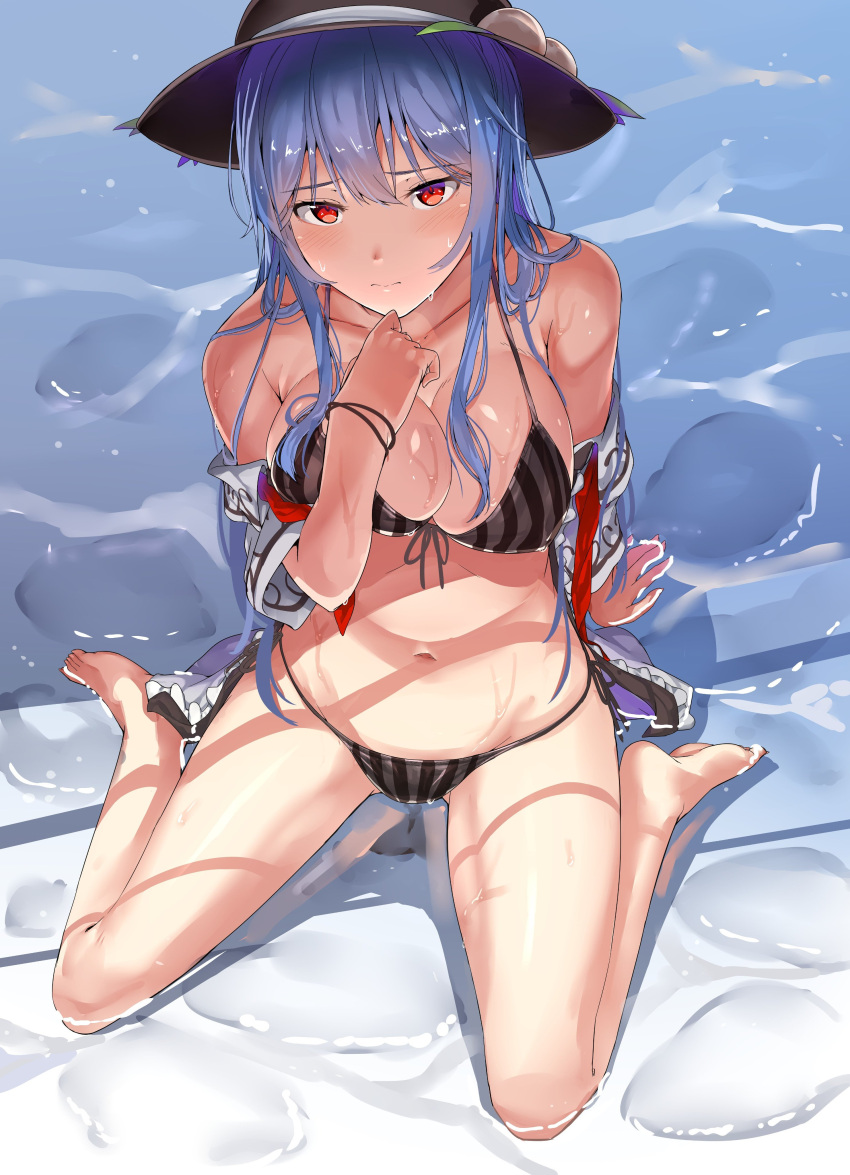 1girl absurdres bare_legs bare_shoulders barefoot bikini black_bikini black_hat blue_hair blush breasts collarbone eyebrows_visible_through_hair food from_above front-tie_bikini front-tie_top fruit full_body groin hair_between_eyes hand_up hat highres hinanawi_tenshi large_breasts leaf long_hair looking_at_viewer navel neropaso off_shoulder open_clothes open_shirt peach red_eyes red_ribbon ribbon shiny shiny_skin shirt side-tie_bikini sidelocks sitting solo stomach striped swimsuit thighs touhou vertical-striped_bikini vertical_stripes very_long_hair wariza water wet white_shirt