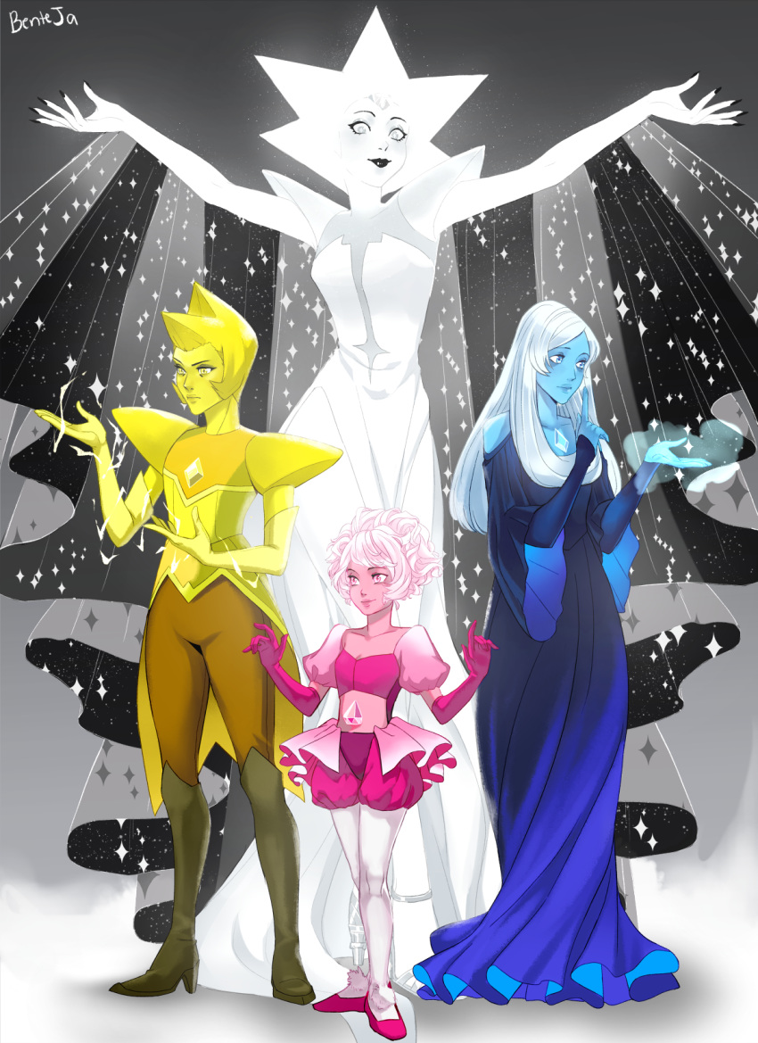 4girls black_lips blonde_hair blue_diamond_(steven_universe) blue_hair blue_skin dress full_body glowing height_difference highres hood multiple_girls pink_diamond_(steven_universe) pink_hair pink_skin spiky_hair spoilers steven_universe white_diamond_(steven_universe) white_hair white_skin yellow_diamond_(steven_universe) yellow_skin