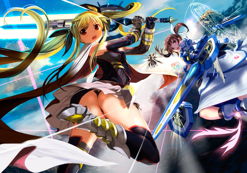 3girls ankle_wings ass bangs bardiche belt beret black_gloves black_legwear black_wings blonde_hair book boots breasts brown_eyes brown_hair cape clouds detached_sleeves energy_sword eyebrows_visible_through_hair fate_testarossa fingerless_gloves floating gauntlets gloves glowing hair_ribbon hat highres holographic_monitor juliet_sleeves long_hair long_sleeves looking_back lyrical_nanoha magic_circle magical_girl mahou_shoujo_lyrical_nanoha mahou_shoujo_lyrical_nanoha_the_movie_3rd:_reflection mikazuki_akira! multiple_girls multiple_wings open_mouth parted_bangs puffy_sleeves ribbon schwertkreuz short_hair short_twintails skirt sky small_breasts staff strike_cannon sword takamachi_nanoha thigh-highs tome_of_the_night_sky twintails very_long_hair weapon white_cape white_skirt wings yagami_hayate