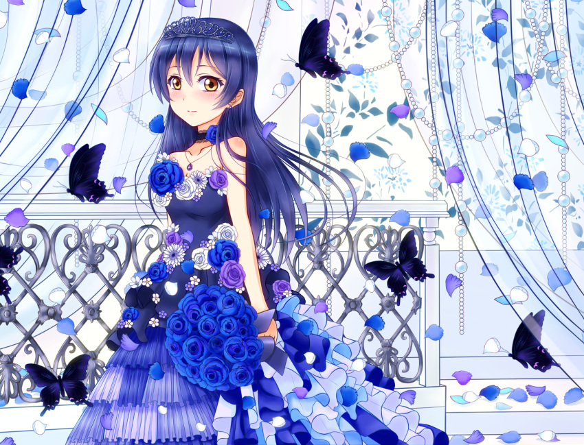 1girl bangs bare_shoulders blue_dress blue_hair bouquet bug butterfly choker closed_mouth commentary_request dress earrings flower hair_between_eyes hiro9779 holding insect jewelry long_hair looking_at_viewer love_live! love_live!_school_idol_project necklace petals sleeveless sleeveless_dress smile solo sonoda_umi