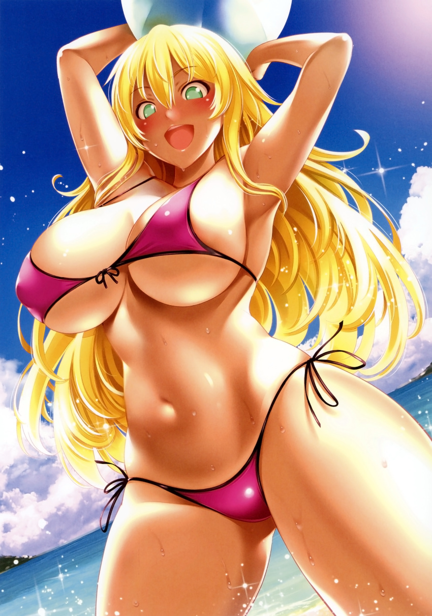 1girl absurdres armpits arms_up ball bangs beachball bikini blonde_hair blush clouds cloudy_sky day front-tie_bikini front-tie_top green_eyes highres holding huge_filesize long_hair looking_at_viewer ocean open_mouth outdoors purple_bikini scan shiny shiny_skin side-tie_bikini sky smile solo swimsuit water water_drop yasui_riosuke