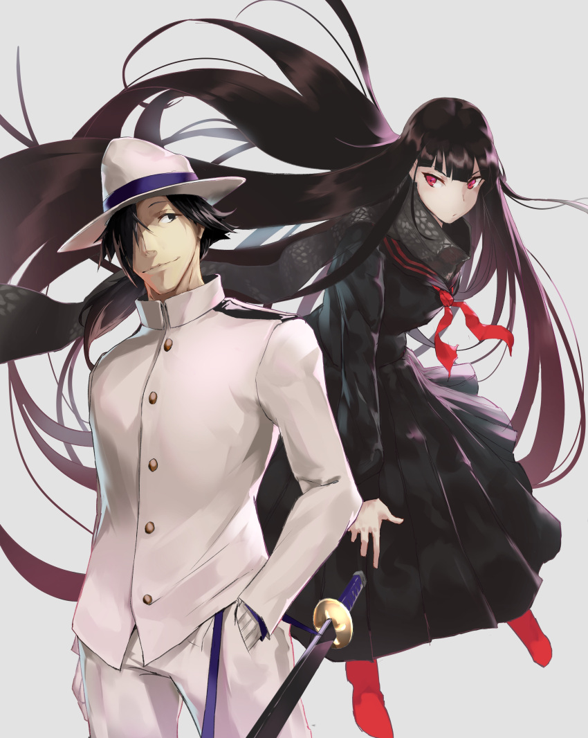 1boy 1girl absurdly_long_hair absurdres black_dress black_hair black_scarf commentary_request dress fate/grand_order fate_(series) gloves hair_over_one_eye hat highres katana long_dress long_hair oryou_(fate) red_eyes red_footwear sailor_dress sakamoto_ryouma_(fate) scabbard scarf sheath sword very_long_hair weapon white_gloves white_hat yu-hi