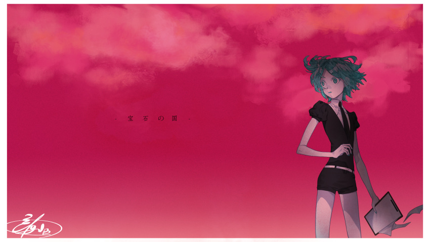 1other androgynous artist_request clipboard clouds colored_eyelashes copyright_name gem_uniform_(houseki_no_kuni) green_eyes green_hair highres houseki_no_kuni looking_back necktie phosphophyllite red_sky short_hair signature sky solo wide-eyed wind