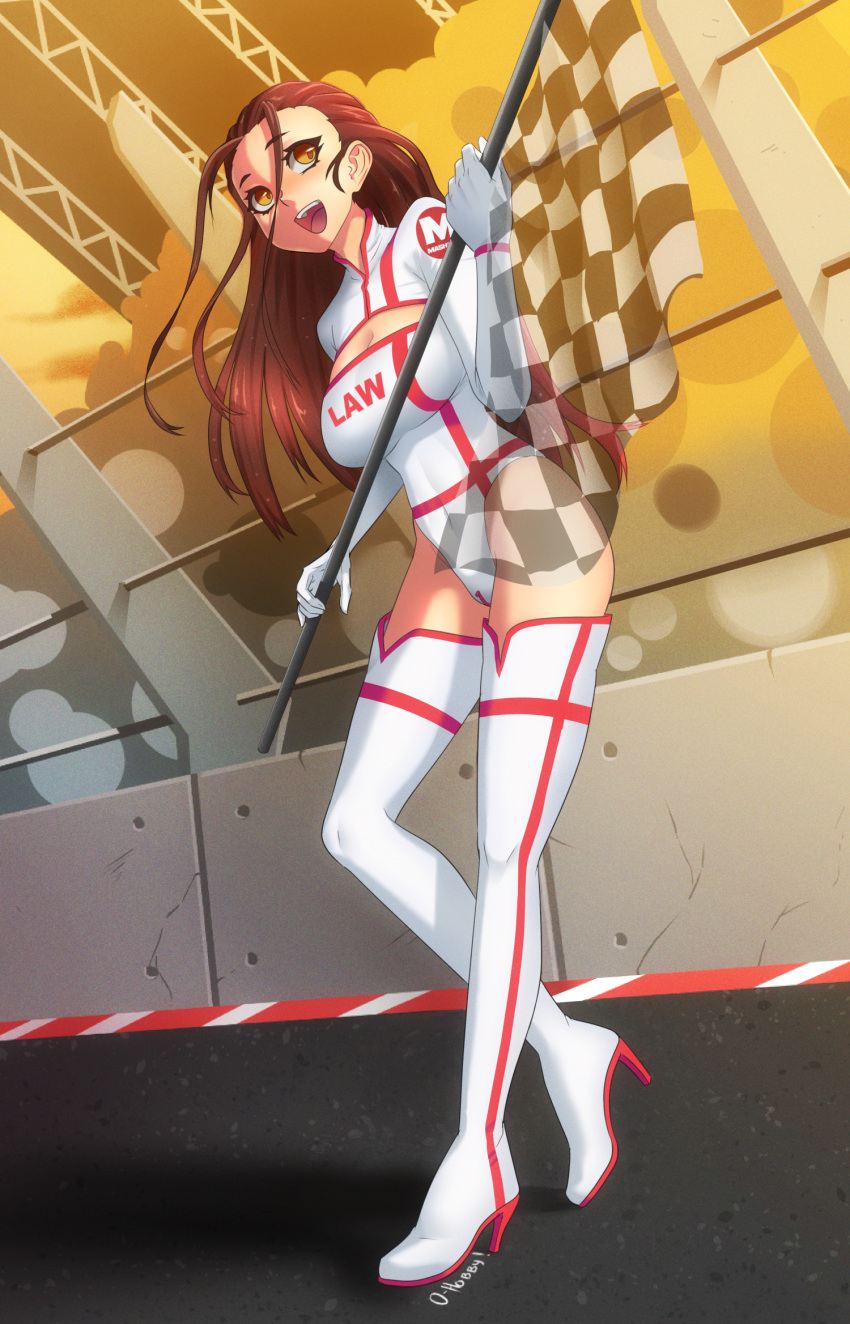 1girl boots breasts brown_eyes brown_hair checkered checkered_flag ciara_(masharu) cleavage clothes_writing covered_navel dark_skin eyebrows_visible_through_hair flag full_body highres holding holding_flag icon idol large_breasts leotard long_hair mascot masharu-law open_mouth oppaihobby racequeen racing solo solo_focus standing zipper