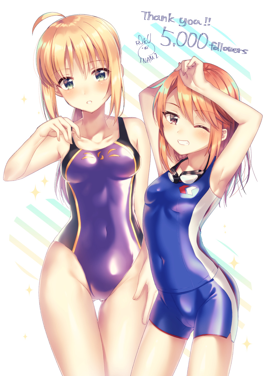 2girls absurdres ahoge arm_over_head artist_name artoria_pendragon_(all) bangs bare_arms bare_shoulders bike_shorts blonde_hair blue_swimsuit blush breasts brown_eyes cleavage commentary_request competition_swimsuit covered_navel cowboy_shot english eyebrows_visible_through_hair fate_(series) followers gluteal_fold green_eyes grin hair_bun highleg highleg_swimsuit highres hits ichiren_namiro idolmaster idolmaster_cinderella_girls long_hair looking_at_viewer medium_breasts multiple_girls one-piece_swimsuit one_eye_closed open_mouth orange_hair purple_swimsuit saber short_hair sidelocks signature small_breasts smile swimsuit thank_you yuuki_haru