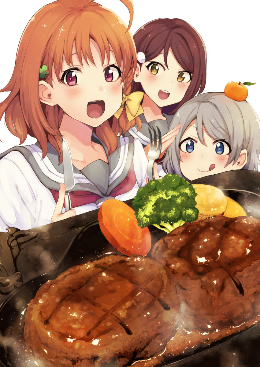 3girls :d :q ahoge bangs blue_eyes blush bow braid broccoli carrot clover_hair_ornament commentary_request cover cover_page doujin_cover food food_on_head fork fruit fruit_on_head grey_hair hair_bow hair_ornament hairclip hamburger_steak highres holding holding_fork holding_knife ind-kary knife long_hair love_live! love_live!_sunshine!! mandarin_orange multiple_girls neckerchief object_on_head open_mouth red_neckwear redhead round_teeth sakurauchi_riko salute school_uniform serafuku short_hair side_braid smile takami_chika teeth tongue tongue_out upper_teeth watanabe_you yellow_bow yellow_eyes