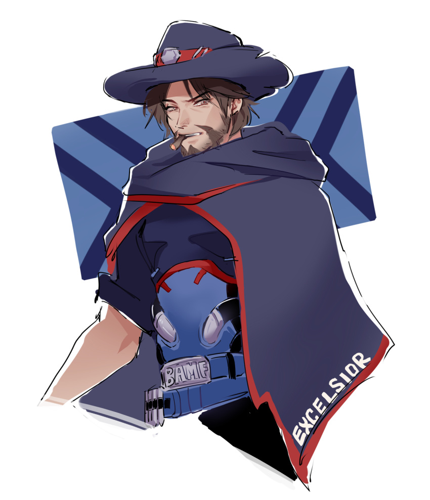 1boy alternate_costume beard belt brown_eyes brown_hair bullet cape cigarette cowboy_hat excelsior_mccree facial_hair hat highres hyoon_(sockgyu) male_focus mccree_(overwatch) overwatch simple_background smoking solo teeth upper_body white_background