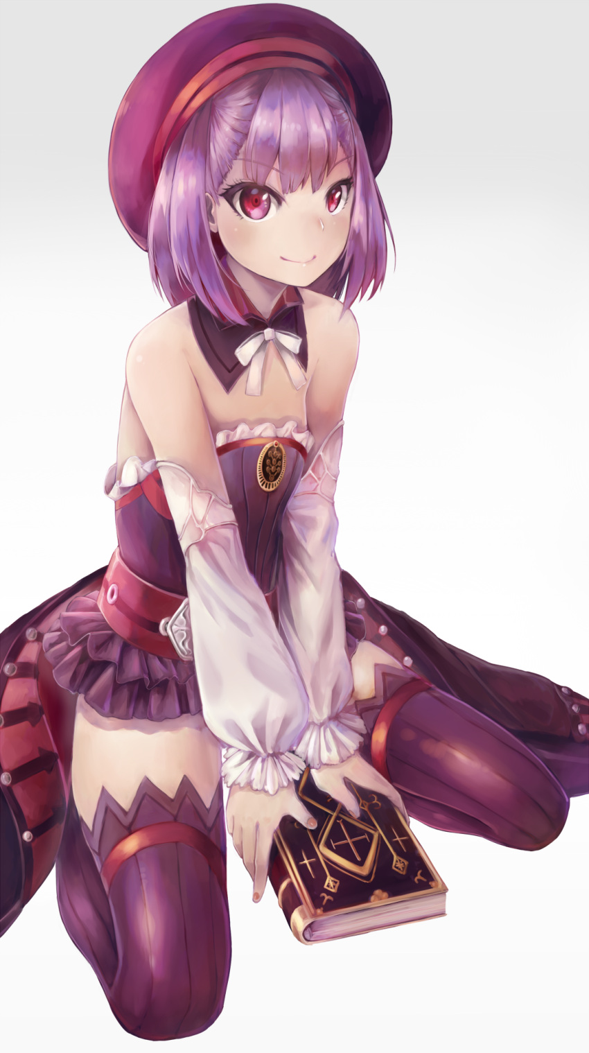 1girl bare_shoulders beret black_dress black_hat black_legwear book closed_mouth detached_collar detached_sleeves dress eyebrows_visible_through_hair fate/grand_order fate_(series) fingernails hat helena_blavatsky_(fate/grand_order) highres holding holding_book kneeling long_sleeves microdress netamaru purple_hair red_eyes ribbon short_hair simple_background smile solo strapless strapless_dress thighs white_background white_ribbon