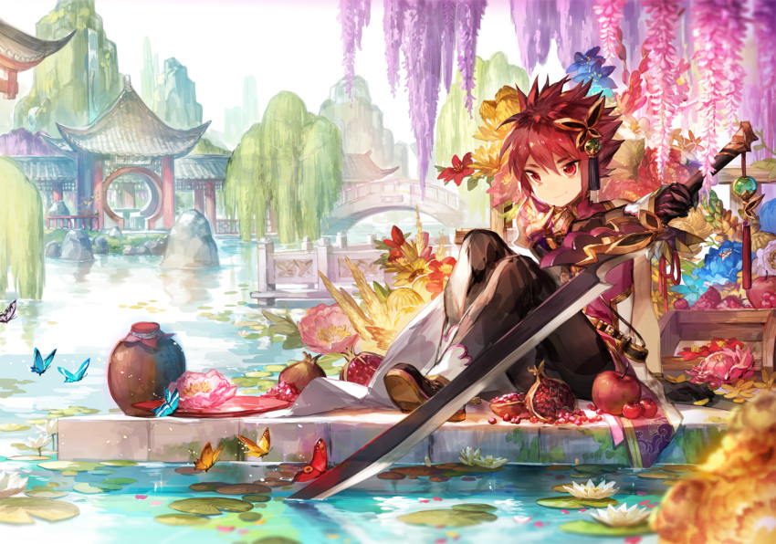 1boy architecture bug butterfly colorful east_asian_architecture elsword elsword_(character) flower food fruit hair_ornament insect pond red_eyes redhead scorpion5050 sitting smile solo sword tree weapon