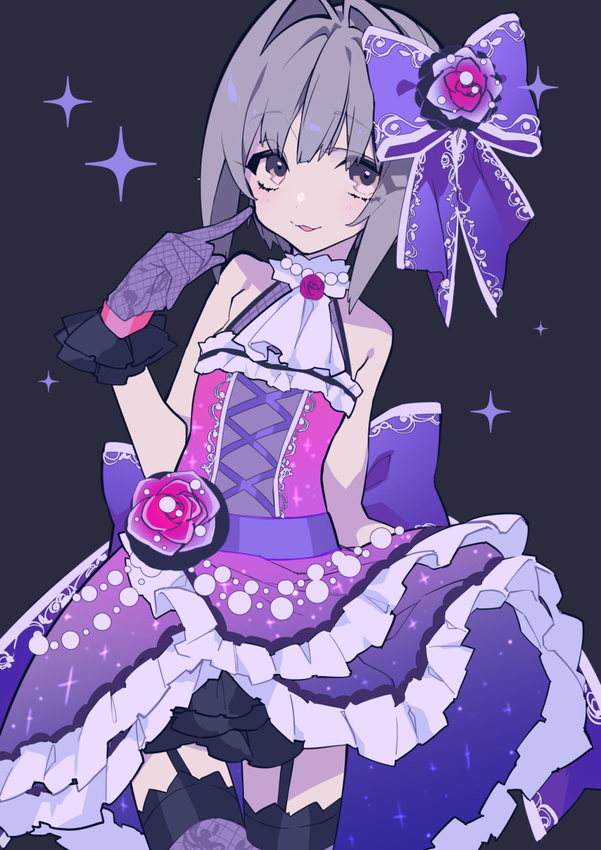 1girl bare_shoulders black_background blue_ribbon copyright_request cowboy_shot dress eyebrows_visible_through_hair flower garter_straps gloves grey_eyes grey_hair hair_intakes hair_ribbon hand_up highres index_finger_raised looking_at_viewer mochizuki_kei parted_lips pink_flower pink_rose purple_dress purple_gloves ribbon rose short_hair simple_background smile solo sparkle standing thigh-highs thigh_gap