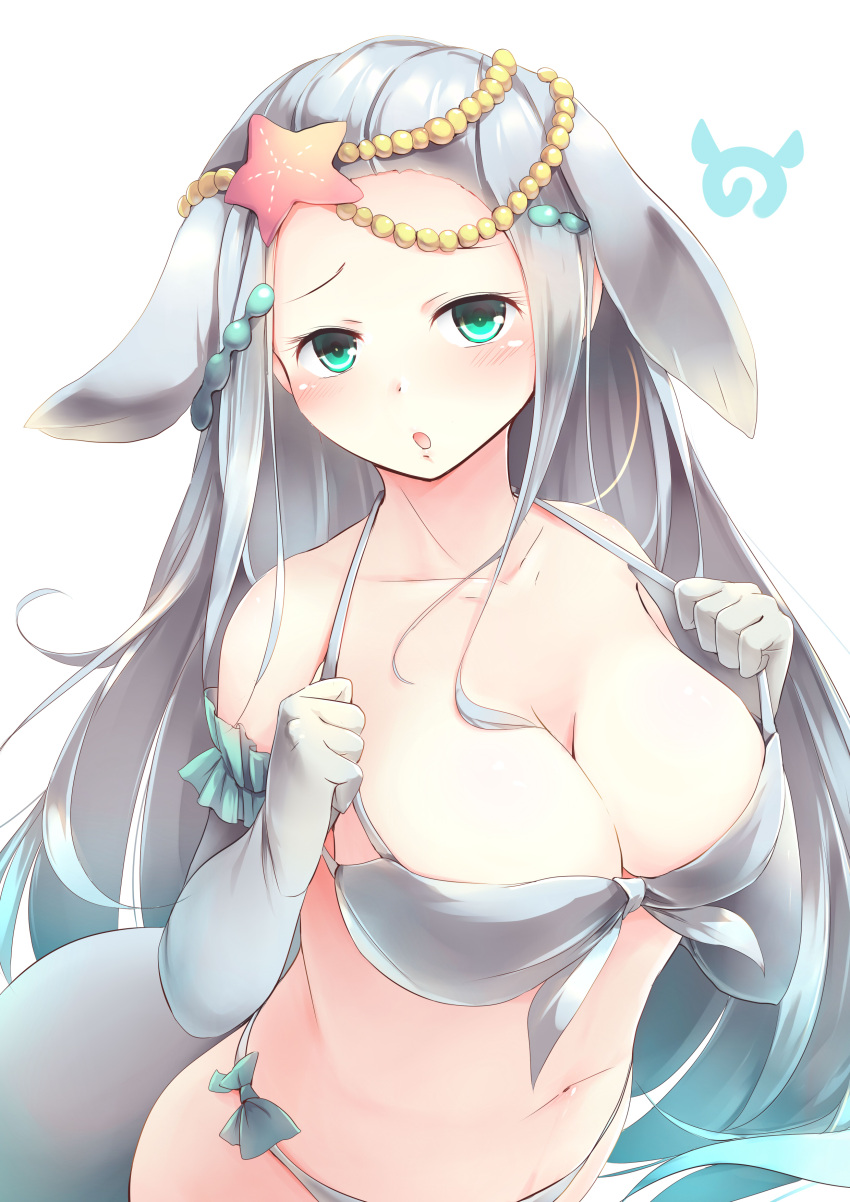 1girl absurdres animal_ears bare_shoulders bikini breasts cleavage collarbone commentary dugong_(kemono_friends) elbow_gloves extra_ears gloves green_eyes grey_bikini grey_hair hair_ornament highres japari_symbol jewelry kanzakietc kemono_friends long_hair looking_at_viewer medium_breasts open_mouth simple_background solo starfish swimsuit tail very_long_hair white_background