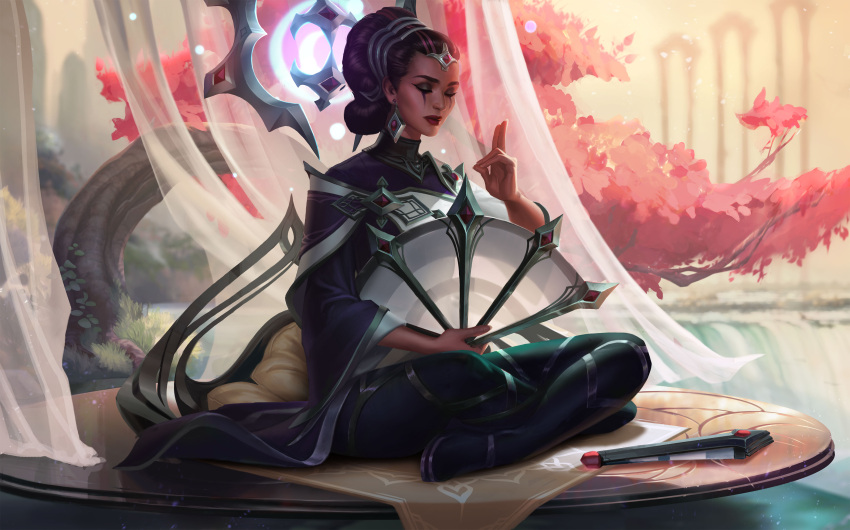 1girl absurdres black_hair cherry_blossoms chinese_clothes cloak closed_eyes collaboration commentary dousanxian earrings english_commentary eyeshadow fan floating floating_object folding_fan full_body hairband highres indian_style jessica_oyhenart jewelry karma_(league_of_legends) league_of_legends lipstick makeup meditation multicolored_hair nose official_art pink_hair short_hair sitting solo streaked_hair updo