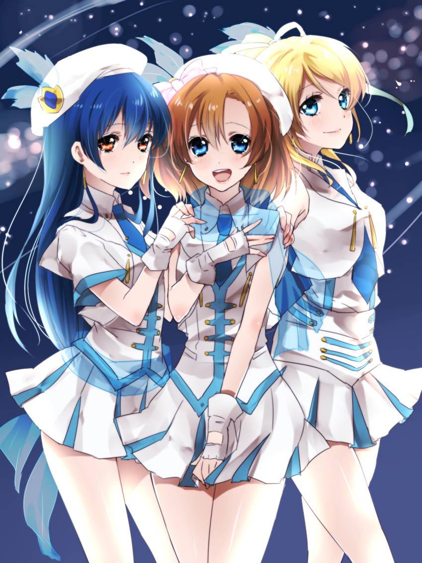 3girls ayase_eli bangs blonde_hair blue_eyes blue_hair commentary_request cowboy_shot earrings fingerless_gloves gloves hair_between_eyes hat highres jewelry kan_(sagasaga123) kousaka_honoka long_hair looking_at_viewer love_live! love_live!_school_idol_project multiple_girls necktie one_side_up open_mouth orange_hair ponytail skirt smile sonoda_umi white_gloves wonderful_rush yellow_eyes