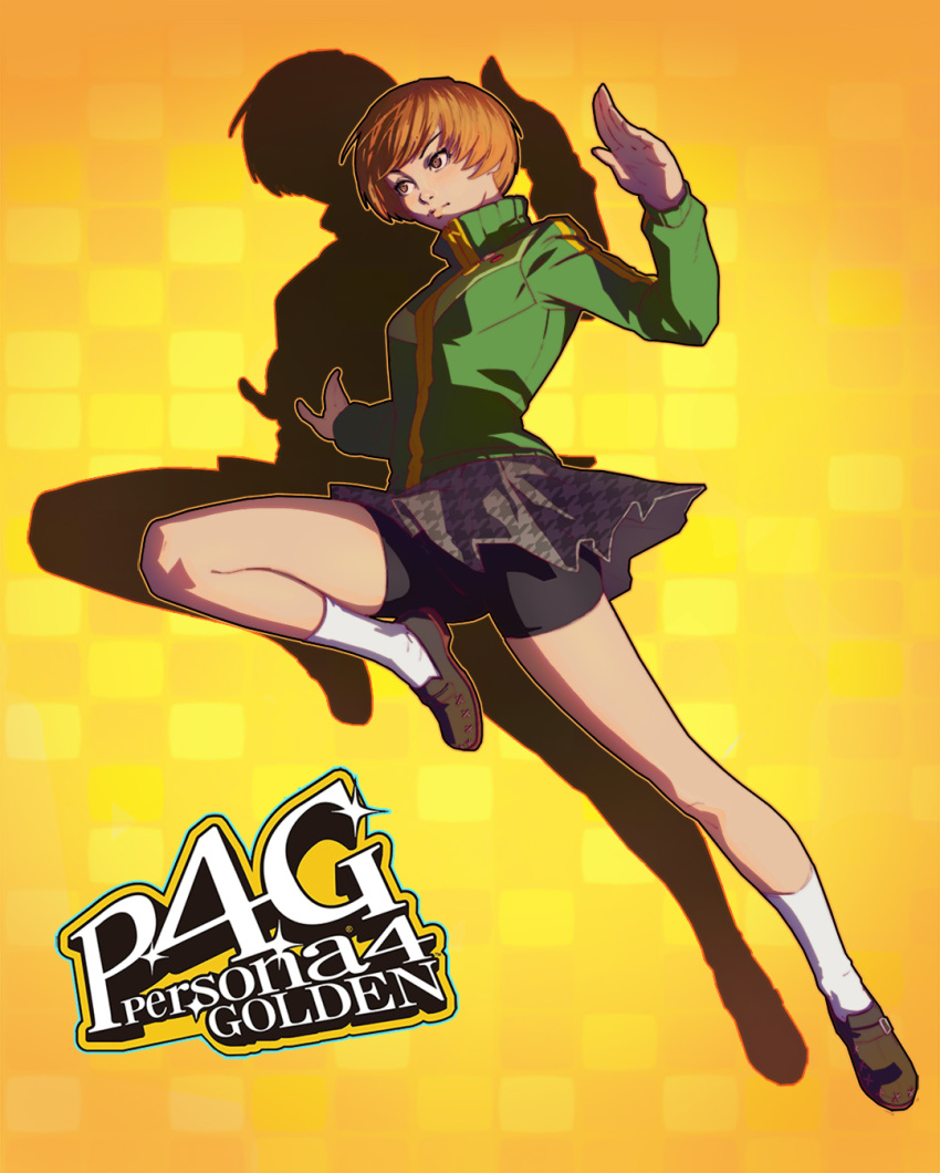 1girl badge bike_shorts brown_eyes brown_footwear brown_hair button_badge closed_mouth copyright_name full_body highres ilya_kuvshinov jacket long_sleeves persona persona_4 persona_4_the_golden satonaka_chie school_uniform shoes short_hair silhouette skirt socks solo track_jacket white_legwear yellow_background