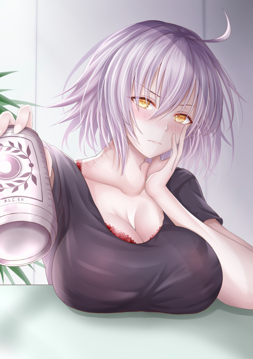 absurdres ahoge black_shirt blush bra breast_rest breasts collarbone drink eyebrows_visible_through_hair fate/grand_order fate_(series) hand_on_own_face highres holding_drink jeanne_d'arc_(alter)_(fate) jeanne_d'arc_(fate)_(all) large_breasts looking_at_viewer penguintake plant red_bra shirt short_hair underwear white_hair yellow_eyes