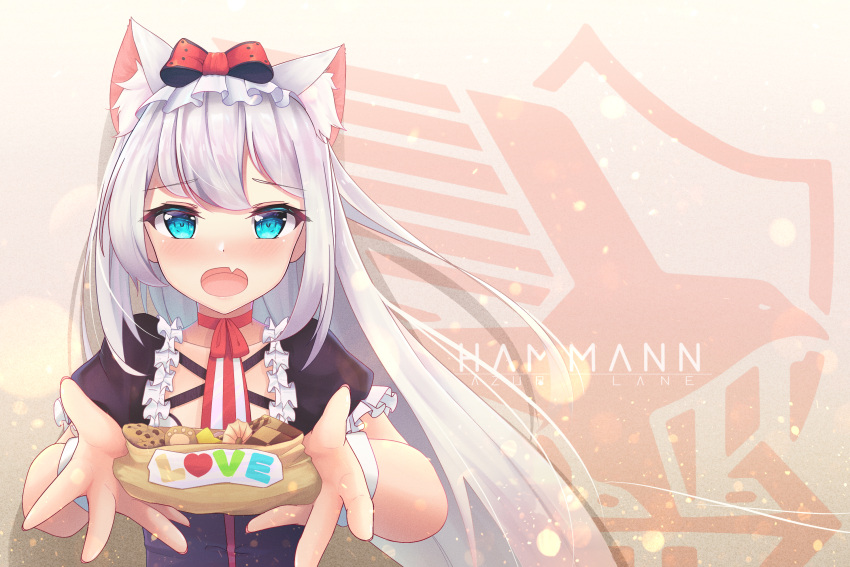 1girl animal_ears azur_lane blue_eyes bow cat_ears character_name collarbone cookie fang food hair_between_eyes hair_bow hammann_(azur_lane) highres long_hair looking_at_viewer open_mouth portrait silver_hair solo