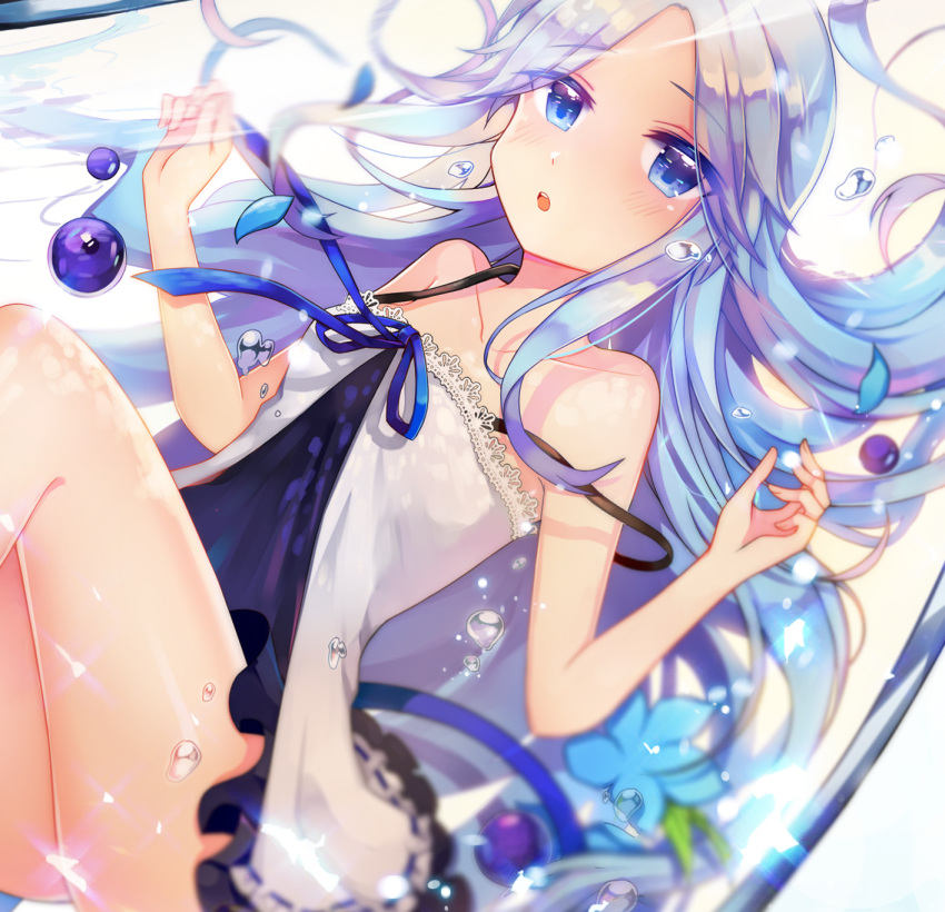 1girl :o bangs bare_arms bare_shoulders blue_eyes blue_flower blue_hair blue_ribbon blurry blurry_foreground blush collarbone depth_of_field dress eyebrows_visible_through_hair fingernails flower forehead hands_up highres looking_at_viewer orb original parted_bangs parted_lips ribbon rijjin sleeveless sleeveless_dress solo strap_slip submerged water white_dress