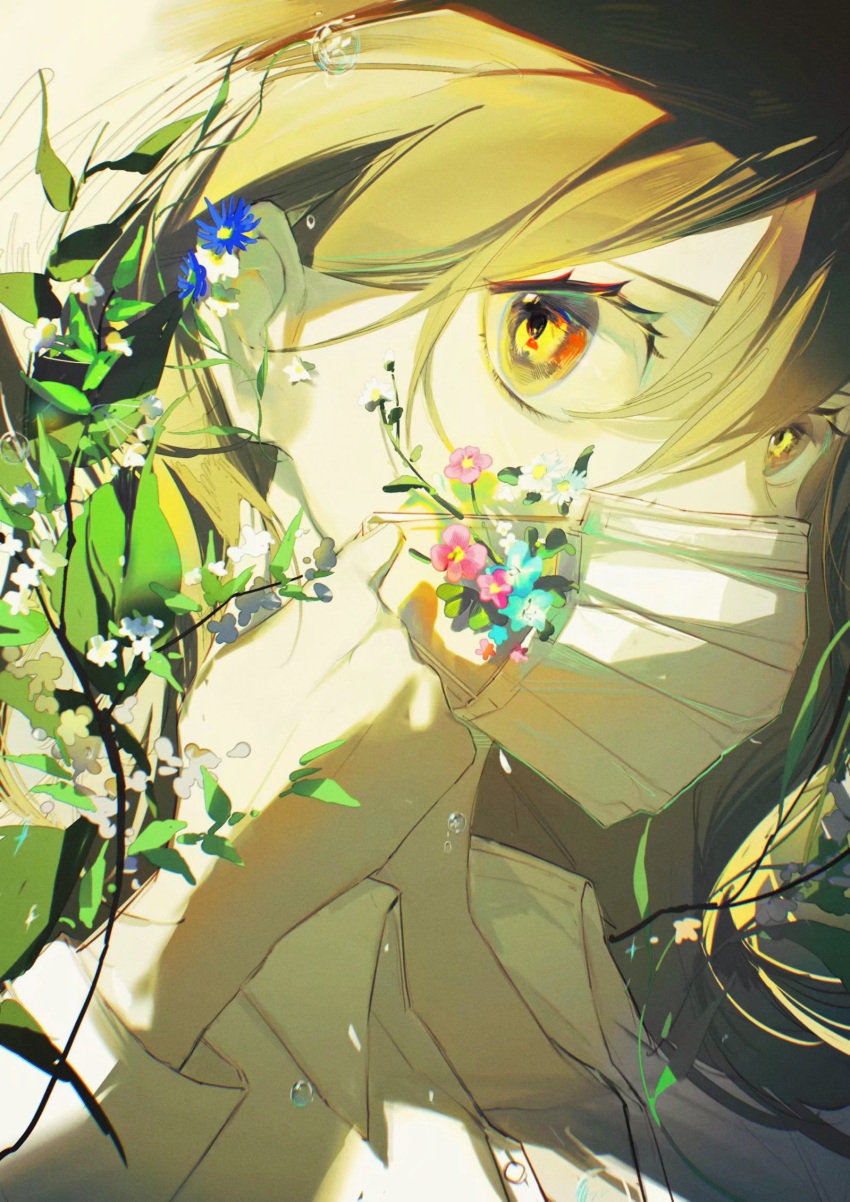 1girl bangs brown_eyes brown_hair eyebrows_hidden_by_hair flower hair_between_eyes highres kamihari leaf light long_hair looking_at_viewer mask mask_removed original shirt solo sunlight upper_body white_shirt