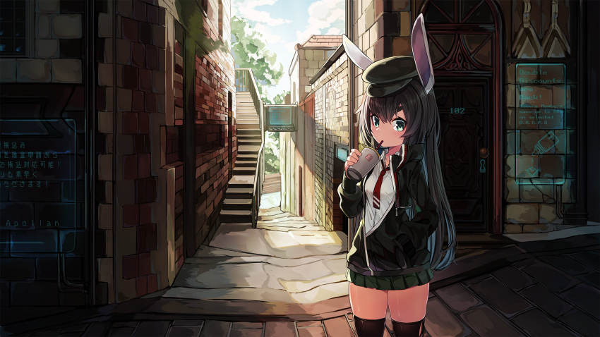 1girl alley animal_ears bangs black_hair black_hat black_jacket black_legwear blue_sky blush breasts building clouds cloudy_sky collared_shirt cup day disposable_cup door drinking drinking_straw english eyebrows_visible_through_hair green_eyes green_skirt hair_between_eyes hand_in_pocket hat highres holding holding_cup jacket keyhole long_hair long_sleeves looking_at_viewer md5_mismatch natori_youkai original outdoors peaked_cap pleated_skirt rabbit_ears railing red_neckwear shirt sign skindentation skirt sky small_breasts solo stairs standing stone_stairs thick_eyebrows thigh-highs translation_request very_long_hair white_shirt