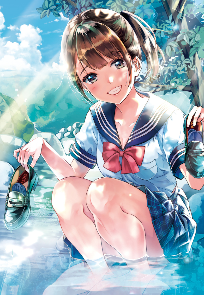 1girl blue_sailor_collar blue_skirt blue_sky bow brown_eyes brown_hair clouds cloudy_sky collarbone commentary_request day green_footwear grin head_tilt highres holding holding_shoes legwear_removed loafers looking_at_viewer matsuzaki_miyuki navy_blue_legwear original outdoors plaid plaid_skirt pleated_skirt red_bow reflection sailor_collar school_uniform serafuku shirt shoes shoes_removed short_sleeves side_ponytail skirt sky smile solo squatting tree wading water white_shirt