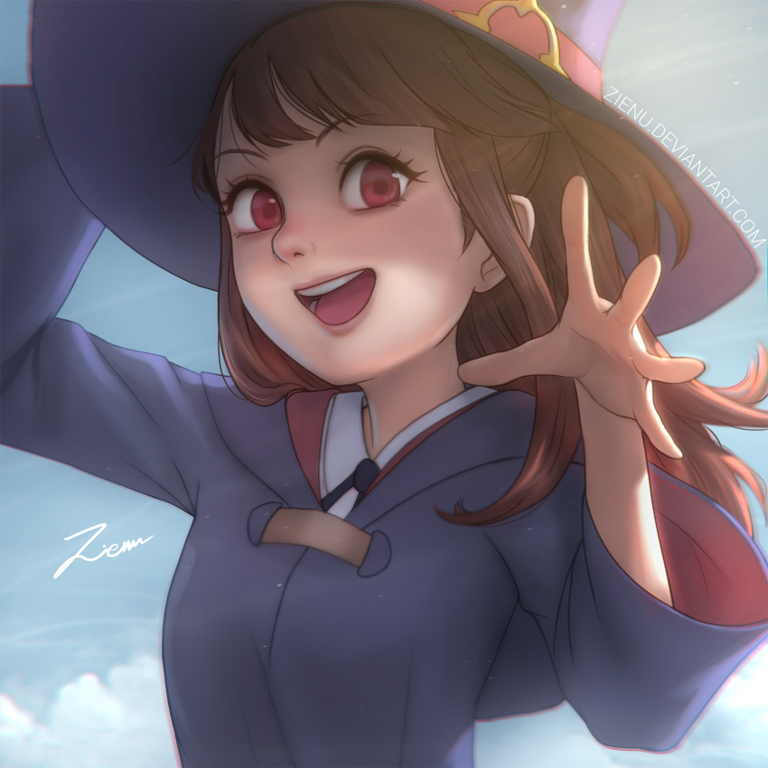 1girl :d arms_up artist_name black_ribbon blue_sky brown_hair chromatic_aberration clouds collared_shirt deviantart_username dress hat highres hooded_dress kagari_atsuko little_witch_academia long_hair long_sleeves looking_at_viewer neck_ribbon open_mouth purple_dress purple_hat red_eyes ribbon round_teeth shirt shirt_under_dress signature sky smile solo spread_fingers teeth watermark web_address white_shirt wide_sleeves witch witch_hat zienu