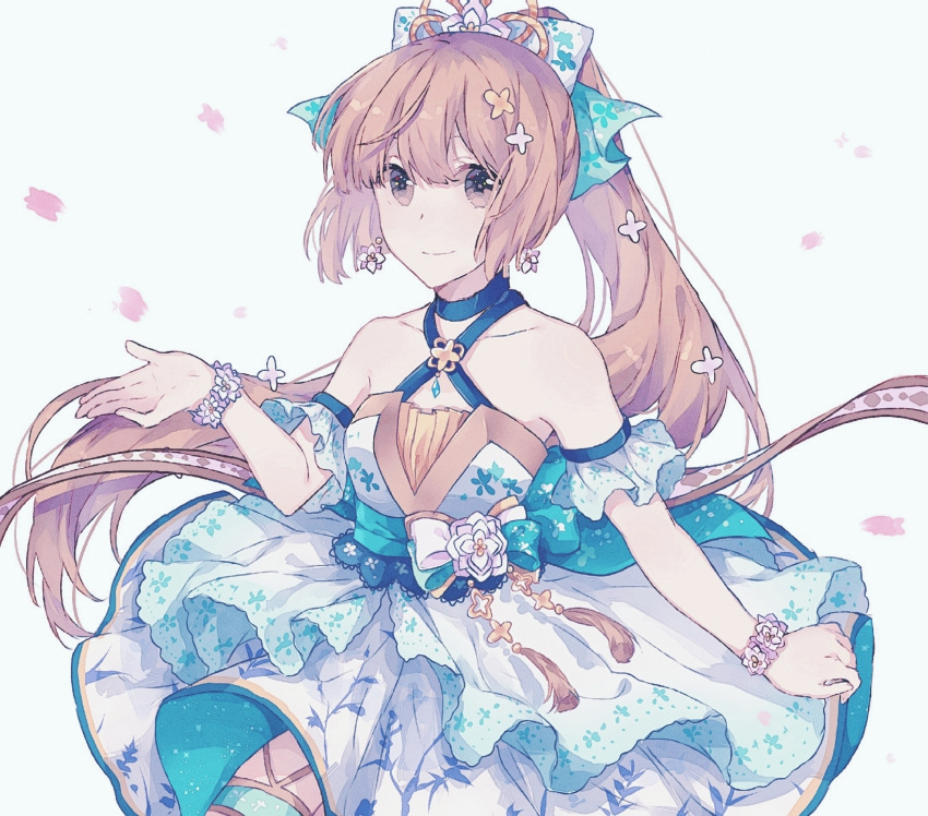 1girl bangs bare_shoulders bow brown_eyes brown_hair closed_mouth criss-cross_halter detached_sleeves dress earrings flower gocoli grey_background hair_bow halterneck hand_up highres idolmaster idolmaster_cinderella_girls idolmaster_cinderella_girls_starlight_stage jewelry long_hair looking_at_viewer petals ponytail smile solo very_long_hair white_background wristband yorita_yoshino