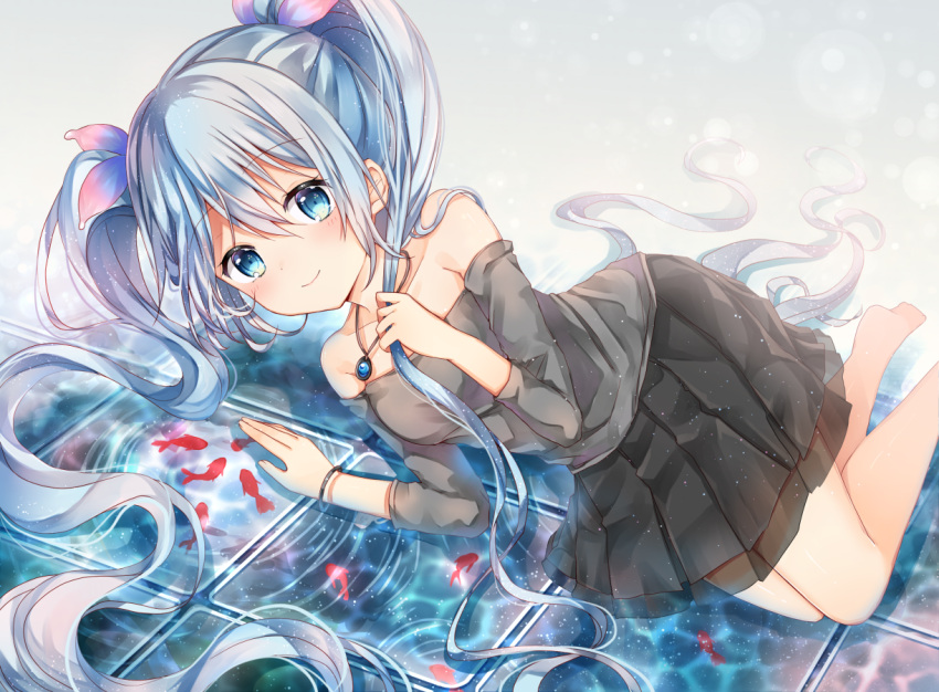 1girl animal bangs barefoot black_shirt black_skirt blue_eyes blue_hair blue_ribbon blush closed_mouth collarbone commentary_request detached_sleeves eyebrows_visible_through_hair fish gradient gradient_ribbon hair_between_eyes hair_ribbon hatsune_miku jewelry long_hair long_sleeves looking_at_viewer lying off-shoulder_shirt on_side pendant pink_ribbon pleated_skirt ribbon ripples shikino_(sikinonono) shirt sidelocks skirt smile solo strapless strapless_shirt tile_floor tiles twintails very_long_hair vocaloid water