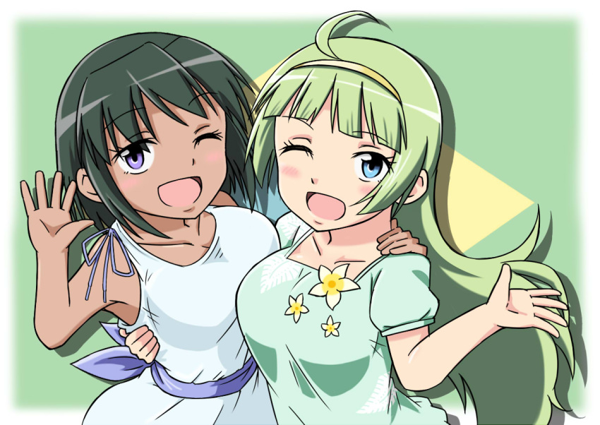 2girls ahoge arm_around_back arm_around_shoulder bangs black_hair blue_eyes blunt_bangs blush brazil brazilian brazilian_flag breasts cam_(come489) company_connection crossover dark_skin dress eyebrows_visible_through_hair flag_background flower_ornament green_shirt hairband hand_on_another's_waist idolmaster idolmaster_cinderella_girls idolmaster_million_live! large_breasts light_green_hair long_hair looking_at_viewer medium_hair multiple_girls natalia_(idolmaster) one_eye_closed open_mouth open_palm puffy_sleeves sash shimabara_elena shirt smile standing t-shirt trait_connection upper_body very_long_hair violet_eyes waving white_dress yellow_hairband