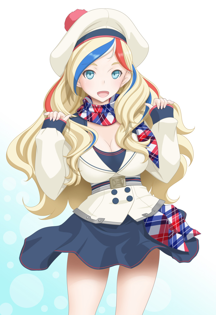 bangs belt beret blonde_hair blue_eyes blue_hair breasts cleavage commandant_teste_(kantai_collection) cowboy_shot double-breasted french gradient gradient_background graphite_(medium) hat highres jacket kantai_collection long_hair multicolored_hair open_mouth plaid plaid_scarf pom_pom_(clothes) redhead scarf skirt smile solo streaked_hair swept_bangs t2r traditional_media wavy_hair white_hair