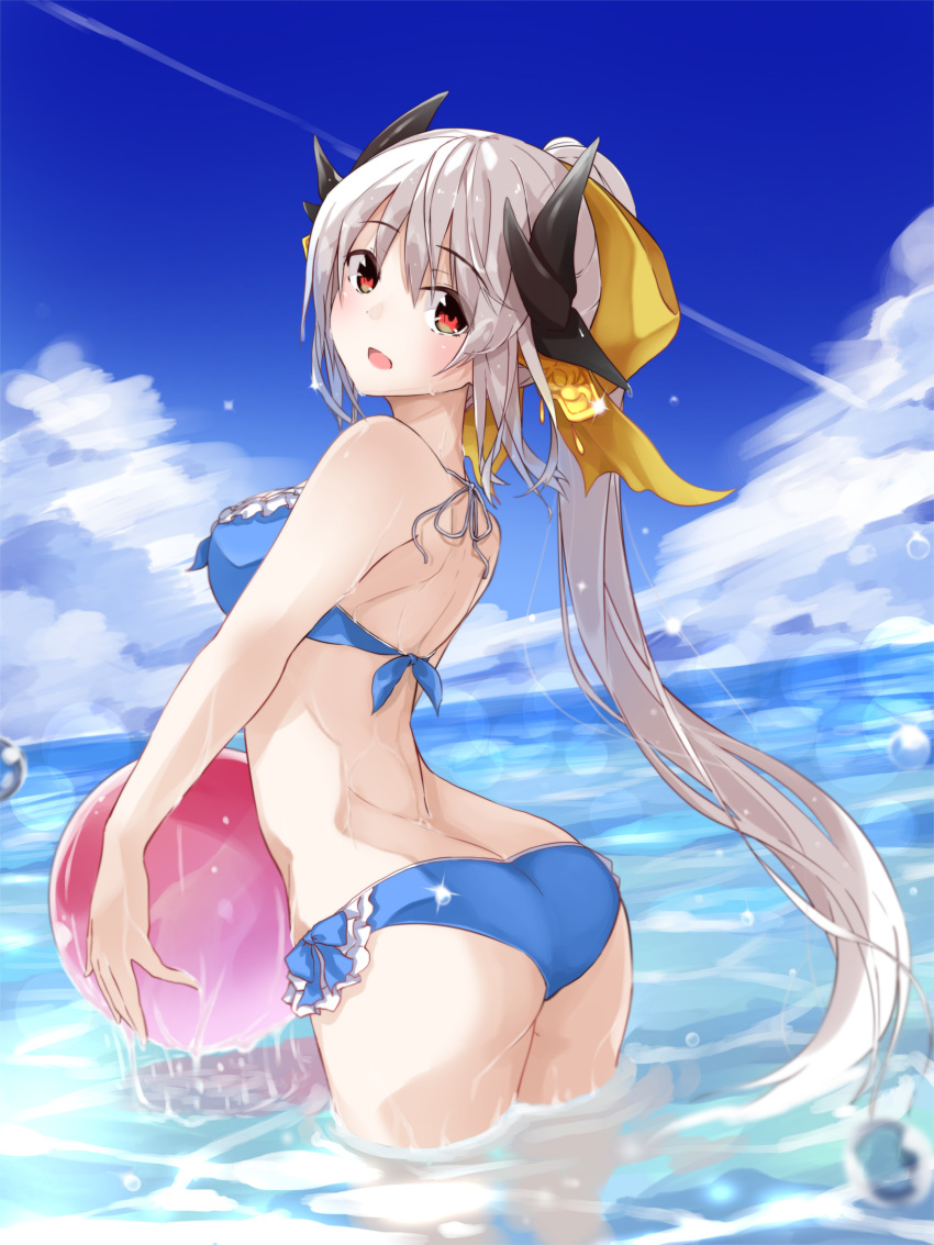 1girl absurdres ass ball bangs beachball bikini blue_bikini blue_sky blurry blush breasts clouds condensation_trail cowboy_shot day depth_of_field eyebrows_visible_through_hair fate/grand_order fate_(series) frilled_bikini frills fuu_(fuore) grey_hair hair_ornament hair_ribbon highres holding holding_ball horns kiyohime_(fate/grand_order) kiyohime_(swimsuit_lancer)_(fate) lens_flare long_hair looking_at_viewer looking_back medium_breasts ocean open_mouth outdoors ponytail red_eyes ribbon sky smile solo sparkle standing swimsuit very_long_hair wading water water_drop wet yellow_ribbon