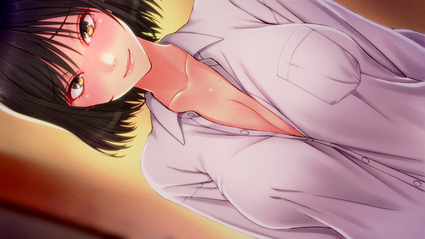 1girl bangs blush breasts brown_hair cleavage closed_mouth collarbone collared_shirt dress_shirt dutch_angle eyebrows_visible_through_hair game_cg highres large_breasts long_sleeves looking_at_viewer naked_shirt no_bra shirt short_hair smile solo suishoku_sendan sweatdrop unbuttoned unbuttoned_shirt upper_body white_shirt yellow_eyes