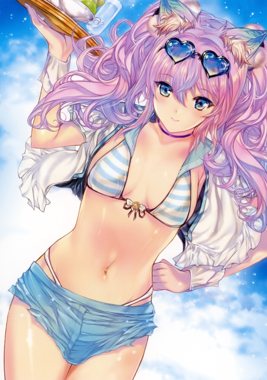 1girl absurdres bikini closed_mouth cup drinking_glass eyewear_on_head food glasses highres holding huge_filesize long_hair looking_at_viewer min-naraken pink_hair short_shorts shorts solo striped striped_bikini swimsuit toranoana tray