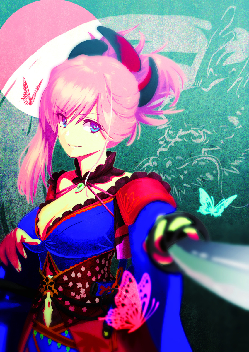 1girl asymmetrical_hair bangs blue_eyes breasts bug butterfly cleavage closed_mouth dragon eastern_dragon eyebrows_visible_through_hair eyes_visible_through_hair fate/grand_order fate_(series) green322 hair_between_eyes halterneck highres holding holding_sword holding_weapon insect katana long_sleeves magatama medium_breasts miyamoto_musashi_(fate/grand_order) navel pink_hair smile solo sword upper_body weapon wide_sleeves