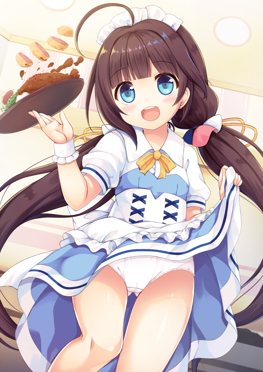 1girl :d ahoge apron bangs blue_dress blue_eyes blunt_bangs blush bow brown_hair commentary_request dress dress_lift dutch_angle eyebrows_visible_through_hair food frilled_apron frills head_tilt highres hinatsuru_ai holding holding_tray indoors lifted_by_self long_hair looking_at_viewer low_twintails maid_headdress open_mouth panties puffy_short_sleeves puffy_sleeves round_teeth ryuuou_no_oshigoto! sakuraba_hikaru_(loveindog) short_sleeves smile solo standing teeth tray twintails underwear upper_teeth very_long_hair waist_apron waitress white_apron white_panties wrist_cuffs yellow_bow