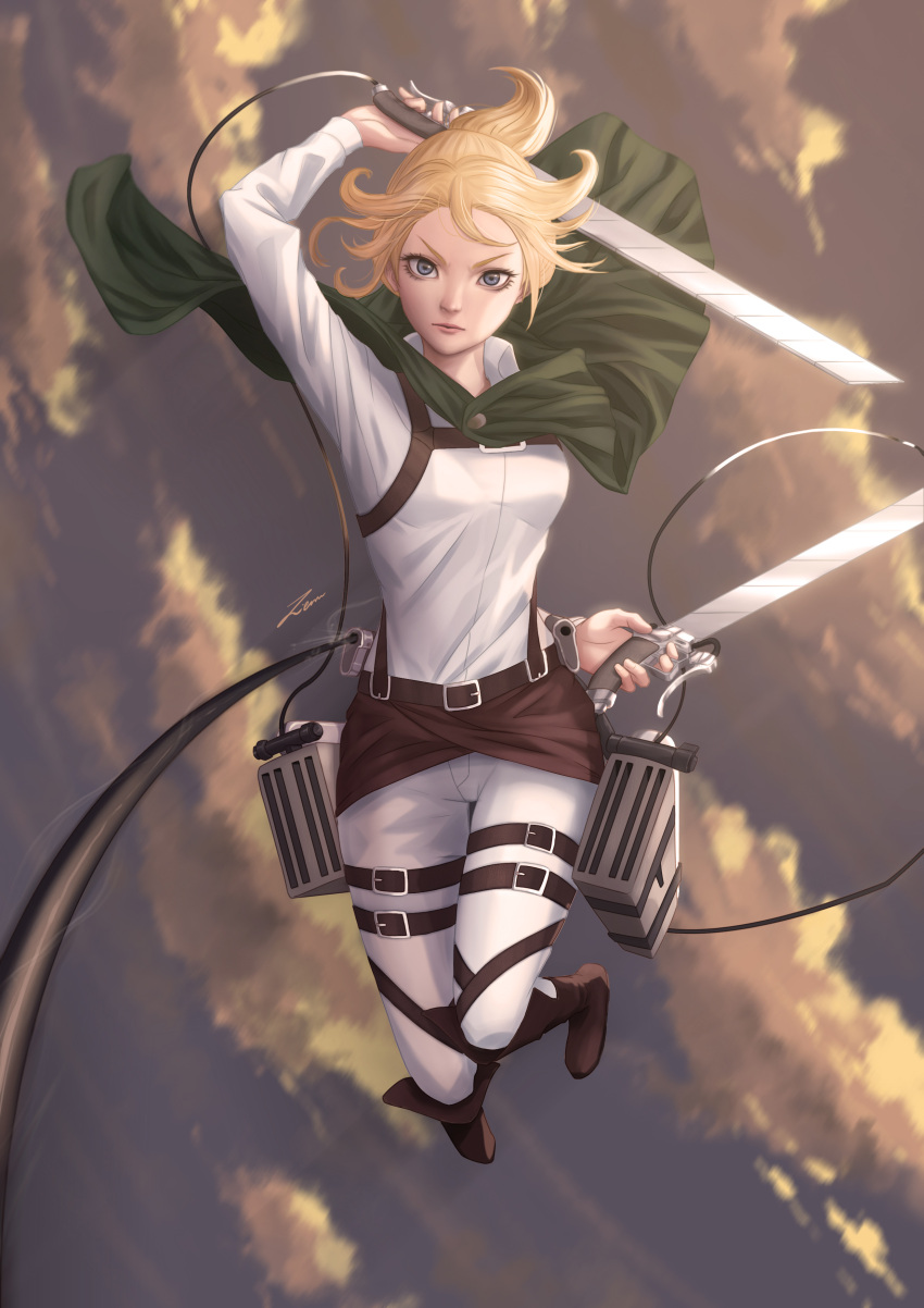 1girl :| absurdres bangs blonde_hair boots breasts brown_footwear buckle cape christa_renz closed_mouth clouds collared_shirt commentary dark_skin eyelashes forehead full_body green_cape head_tilt highres leg_strap long_sleeves looking_at_viewer medium_breasts pants pants_under_skirt ponytail rope serious shingeki_no_kyojin shirt skirt sky solo suspender_skirt suspenders sword weapon white_pants white_shirt zienu