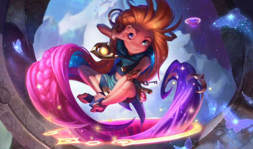 1girl absurdres blue_eyes bracelet braid bug butterfly commentary crop_top crossed_ankles english_commentary floating heterochromia highres insect jessica_oyhenart jewelry league_of_legends long_hair multicolored_hair official_art orange_hair pendant pink_hair prehensile_hair purple_hair scarf sitting smile solo sparkle stomach toeless_legwear toes very_long_hair violet_eyes zoe_(league_of_legends)