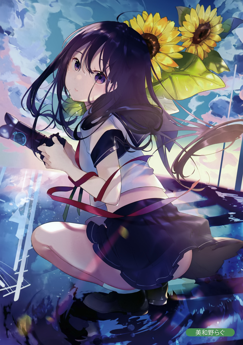 1girl absurdres ass bangs black_hair black_skirt blush camera clouds cloudy_sky day eyebrows_visible_through_hair flower from_behind highres holding holding_camera lips loafers long_hair looking_at_viewer looking_back melonbooks miwano_ragu original outdoors parted_lips pleated_skirt red_ribbon ribbon sailor_collar scan school_uniform serafuku shirt shoes short_sleeves skirt sky socks solo squatting standing standing_on_liquid sunflower violet_eyes water wet wet_hair white_legwear white_shirt