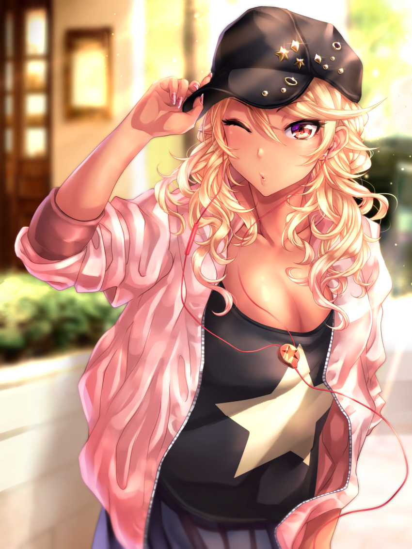 1girl alternate_costume amaryllis baseball_cap black_hat black_shirt blonde_hair breasts casual cleavage collarbone commentary_request earphones fake_nails gyaru hand_on_headwear hat hat_ornament highres hood hoodie jacket large_breasts one_eye_closed open_clothes open_hoodie open_jacket ouga_saki pink_hoodie puckered_lips red_eyes shirt solo tdnd-96 virtual_youtuber