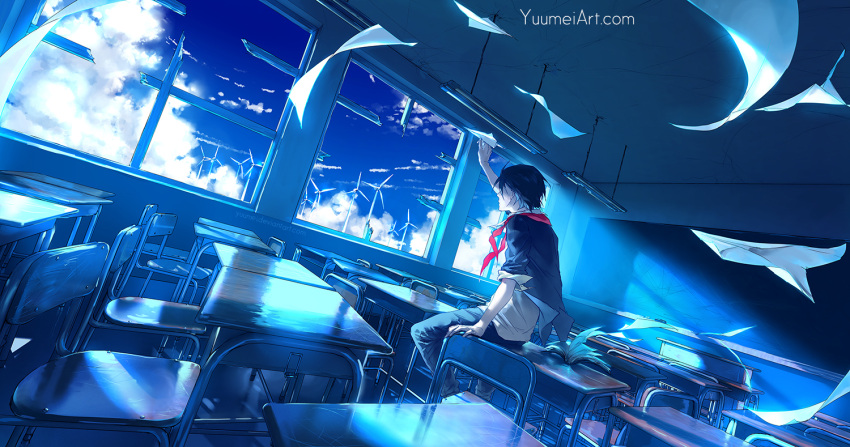 1boy black_hair blue_sky book chalkboard classroom clouds commentary desk english_commentary facing_away indoors knite on_desk open_book paper_airplane school_desk short_hair sitting sky solo watermark web_address wenqing_yan wind wind_turbine windmill window