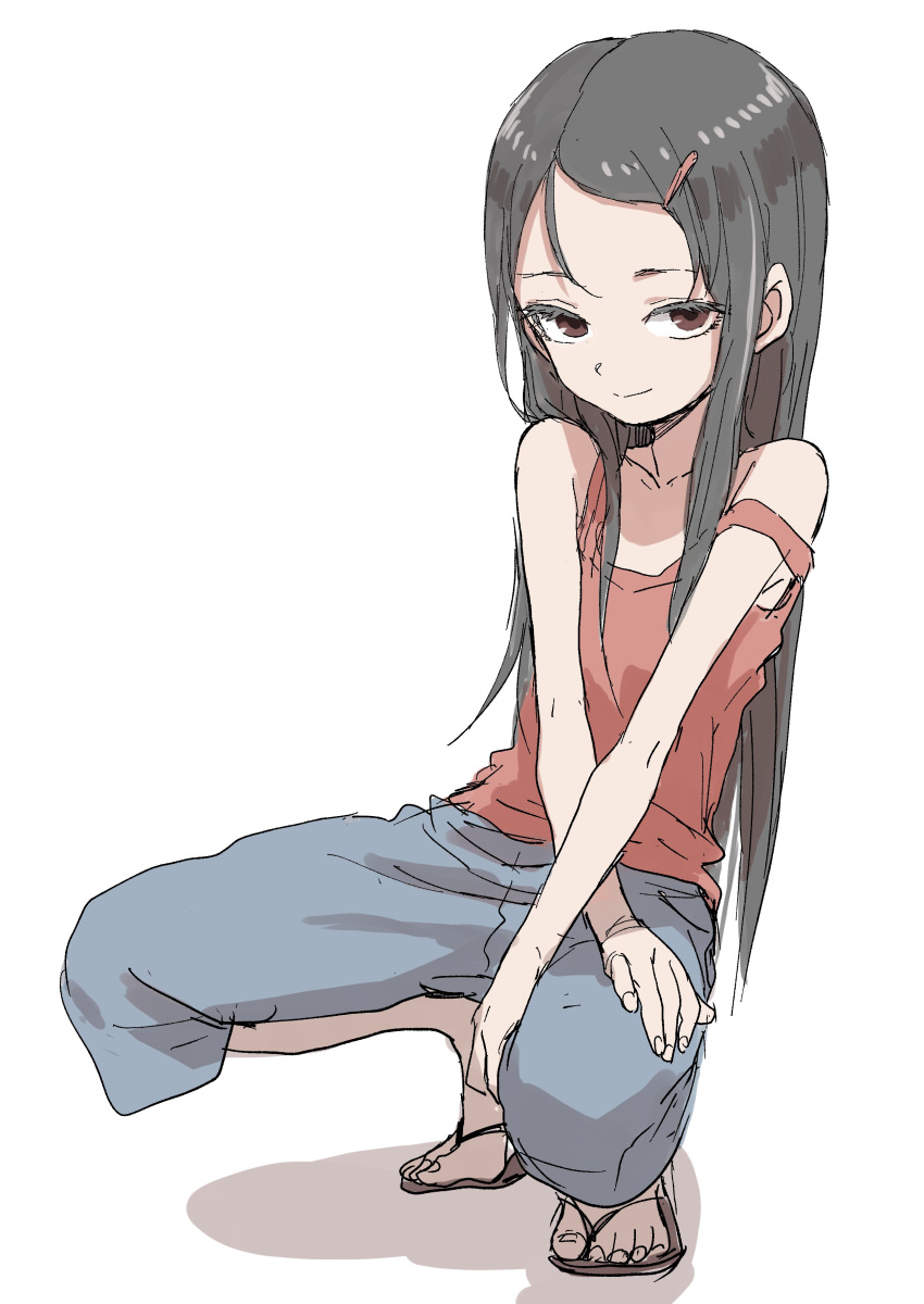 1girl absurdres black_hair brown_eyes closed_mouth collarbone crossed_arms ears_visible_through_hair grey_pants hair_ornament hairpin hand_on_leg highres light_smile long_arms long_hair looking_at_viewer original pants red_shirt sandals shadow shirt solo white_background yamamoto_souichirou