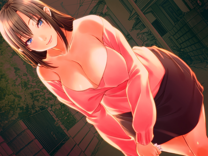1girl bare_shoulders blue_eyes breasts brown_skirt cleavage closed_mouth collarbone cowboy_shot dutch_angle erect_nipples eyelashes game_cg highres holding jewelry leaning_forward legs_together lips long_hair looking_at_viewer off-shoulder_shirt pink_shirt ring shirt skirt smile solo standing suishoku_sendan wedding_band