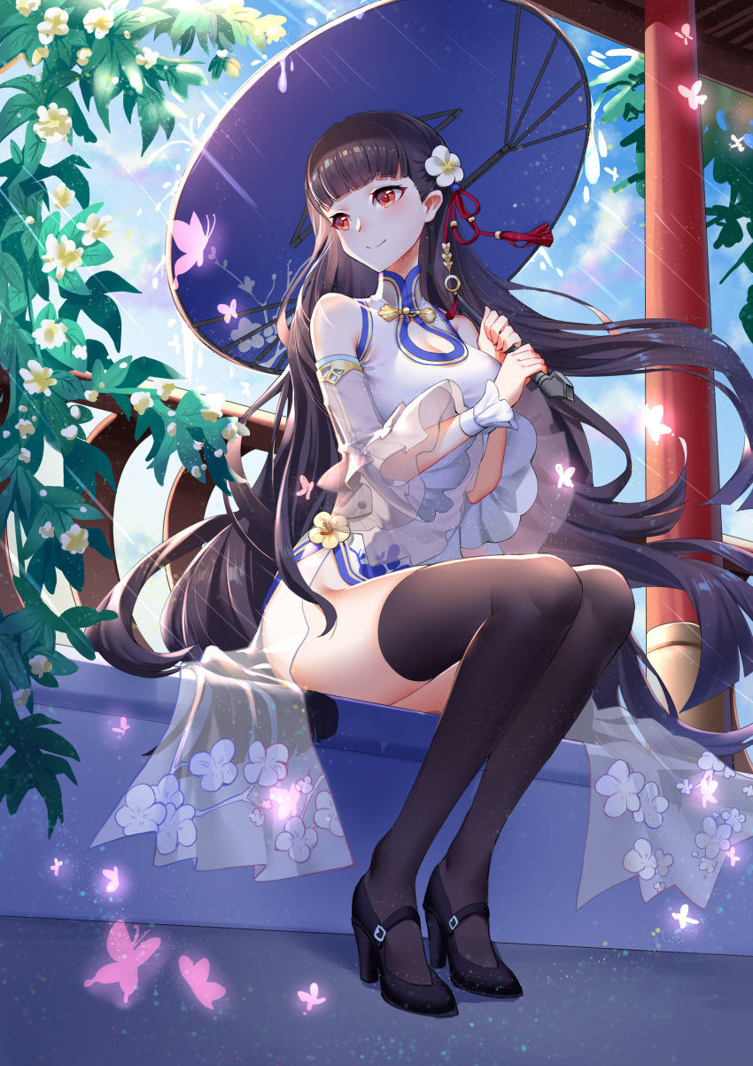 1girl absurdres azur_lane bangs black_hair black_legwear blue_sky blunt_bangs boku_koyuki_mx breasts bug butterfly china_dress chinese_clothes cleavage day detached_sleeves dress floral_print flower hair_flower hair_ornament highres insect long_hair pantyhose purple_umbrella red_eyes sitting sky smile solo thigh-highs very_long_hair white_dress yat_sen_(azur_lane)